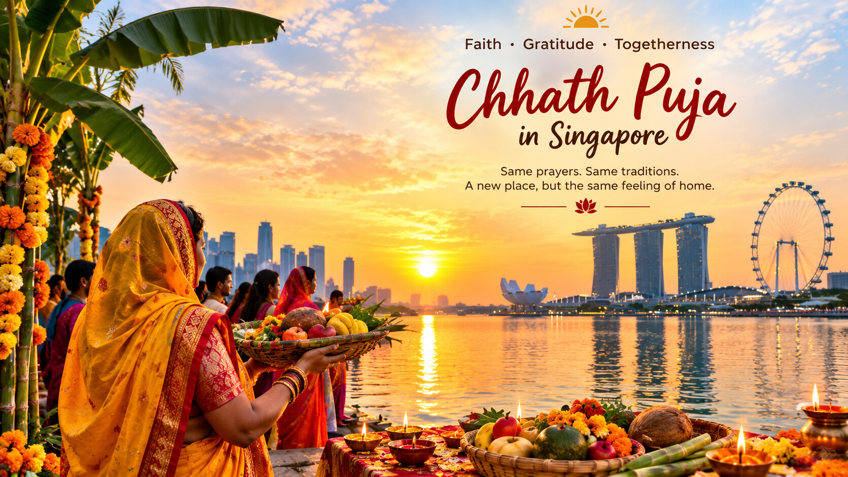 Illustration of Chhath Puja offerings and devotees beside Singapore’s Marina Bay skyline at sunset
