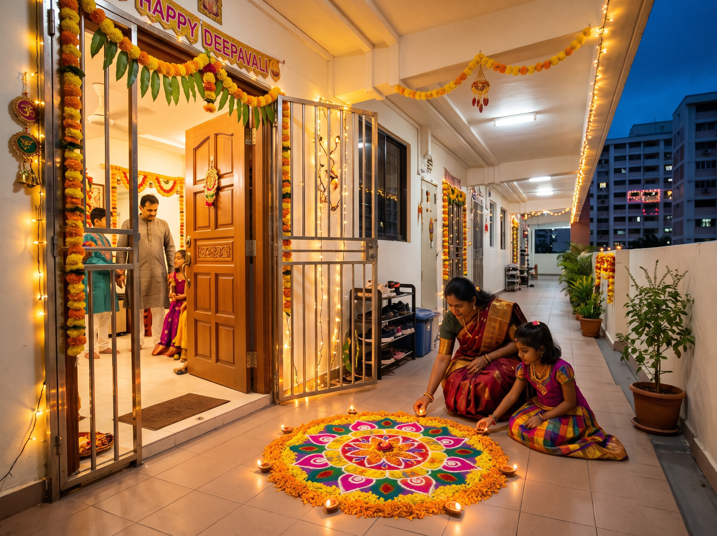 Illustration of a family lighting diyas beside a colourful rangoli outside a decorated Singapore home