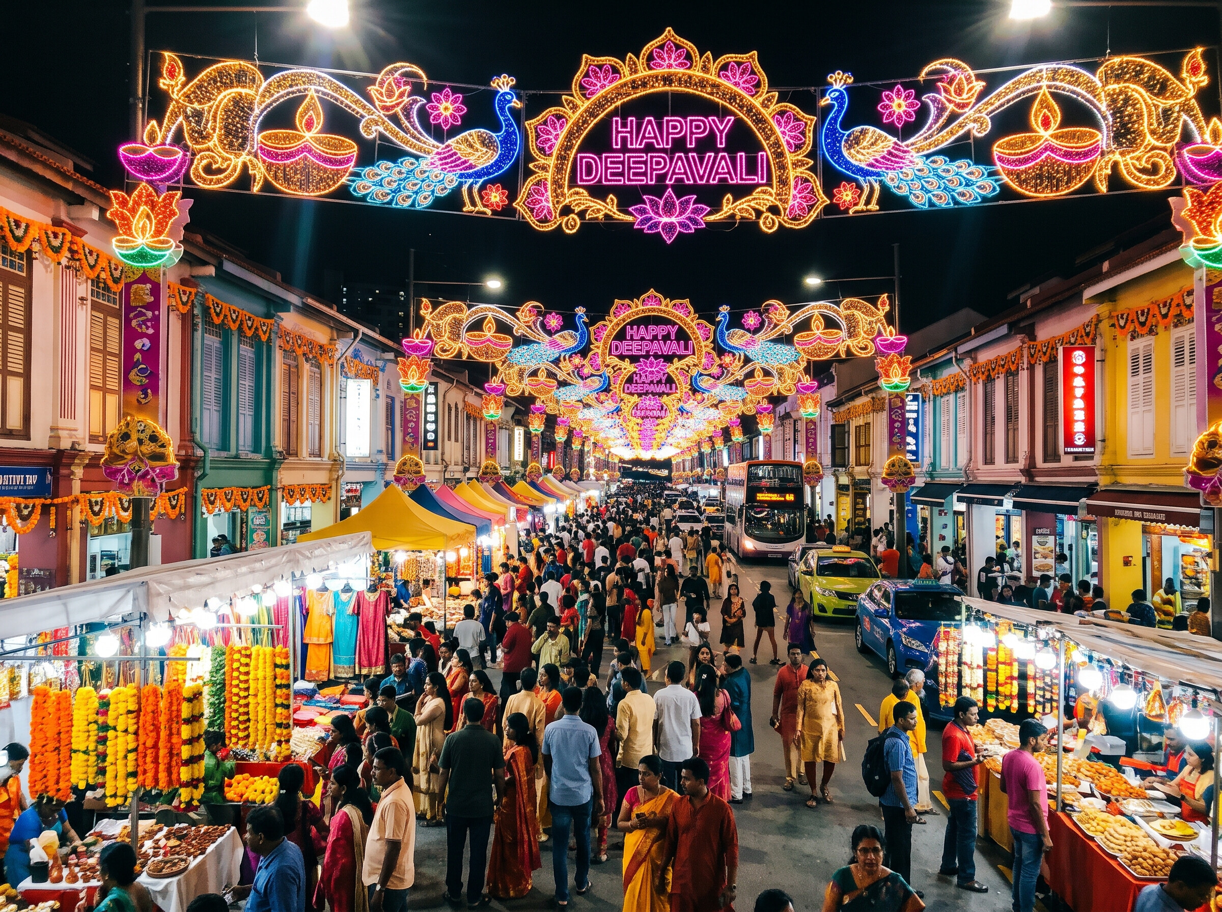 Illustrative view of a bustling Singapore street beneath colourful Happy Deepavali decorations and lights