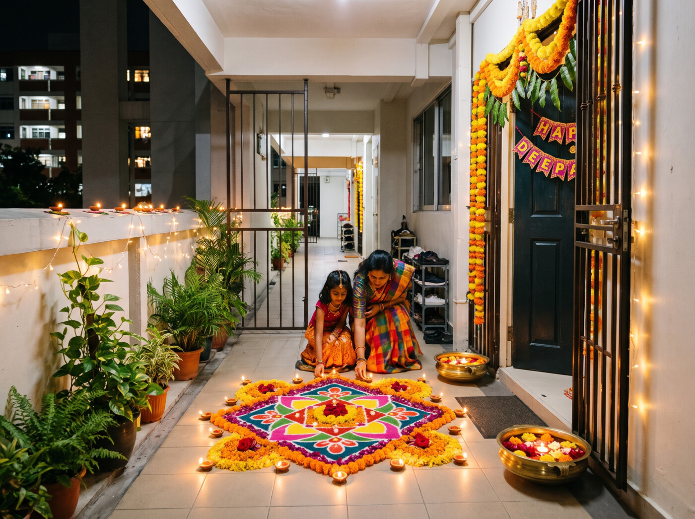 Illustration of a mother and child lighting diyas beside a floral rangoli outside a decorated Singapore home
