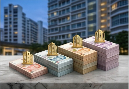 Illustration of miniature buildings on stacks of international banknotes, with residential towers in the background