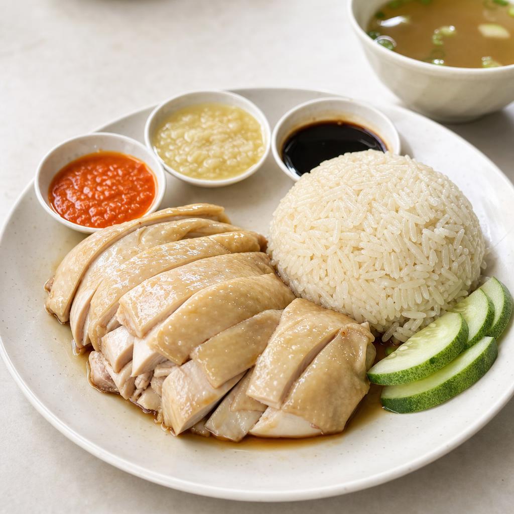 Hainanese chicken rice served with fragrant rice and dipping sauces