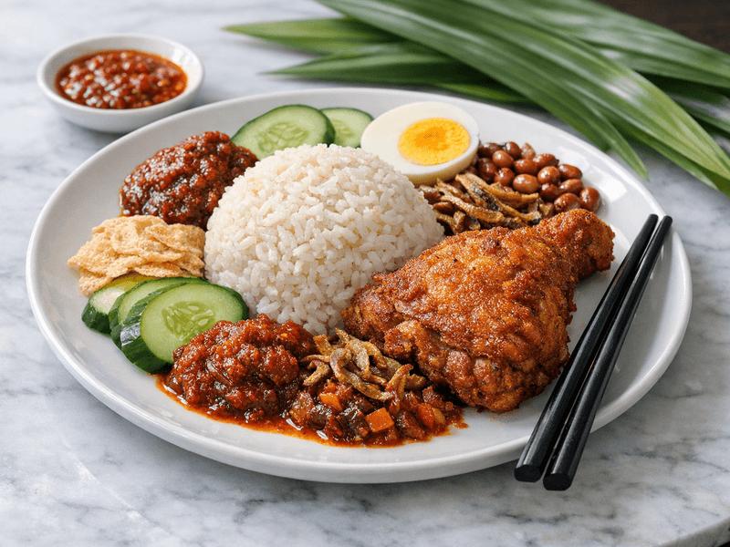 A nasi lemak plate with coconut rice, fried chicken, egg, sambal and accompaniments