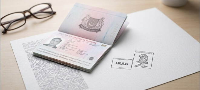 Illustration of a passport, spectacles and tax correspondence on a desk