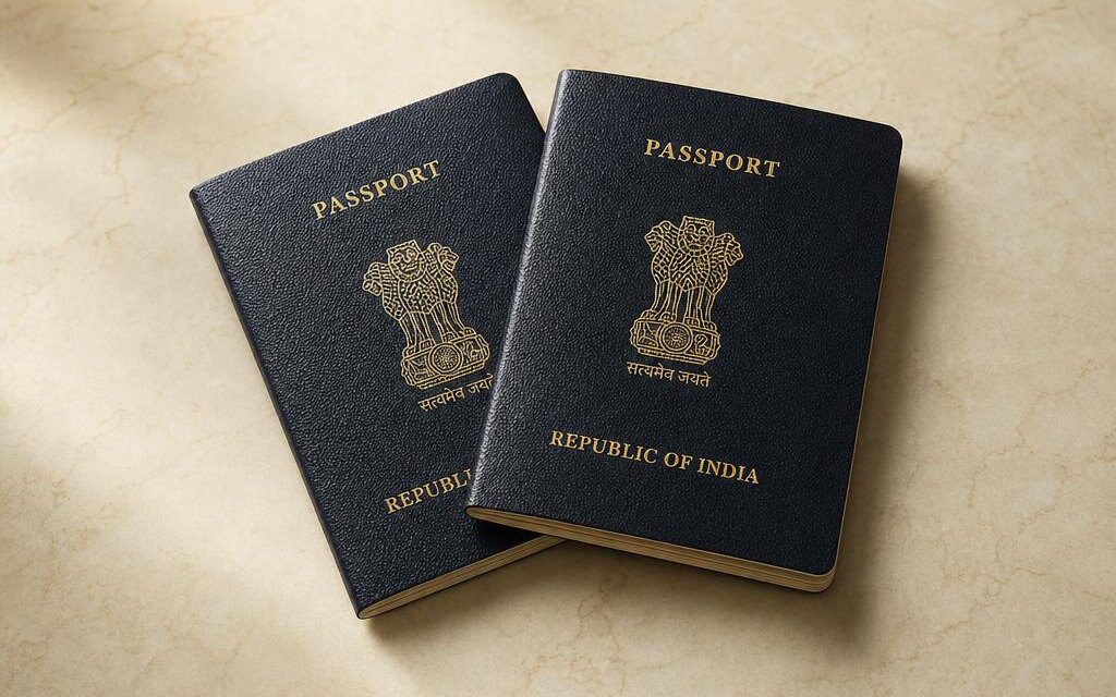 An editorial illustration of two navy-blue Indian passports with gold detailing on a softly lit ivory stone surface