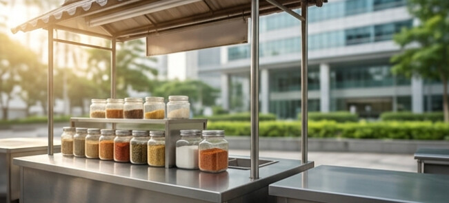 Illustration of a small street-side stall with glass jars beside modern Singapore buildings