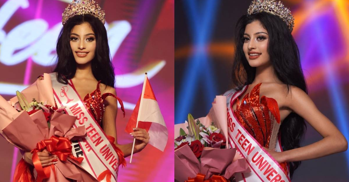 Riona Krishnan Dighe wearing her Miss Teen Universe crown and sash in two pageant portraits