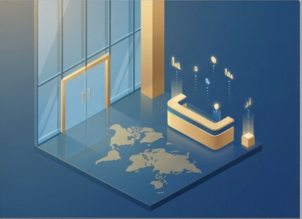 Blue-and-gold illustration of a modern office entrance and reception desk above a world map