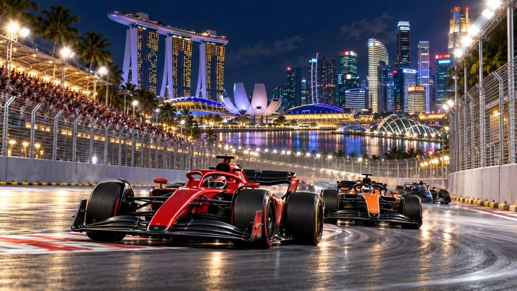 An illustrative view of Formula 1 cars racing against Singapore鈥檚 Marina Bay skyline at night