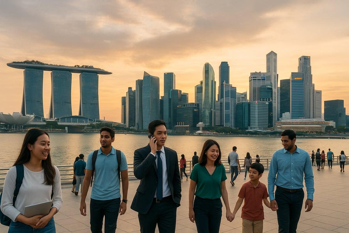 People along Singapore’s Marina Bay waterfront with the city skyline at sunset