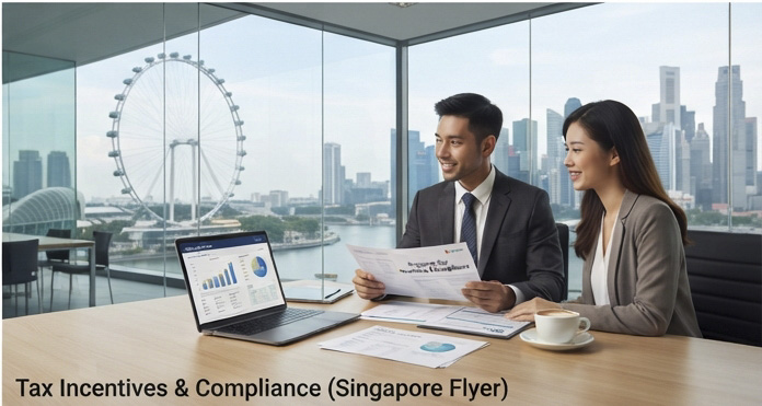 Contributor-supplied illustration of two professionals reviewing financial documents overlooking Singapore’s Marina Bay