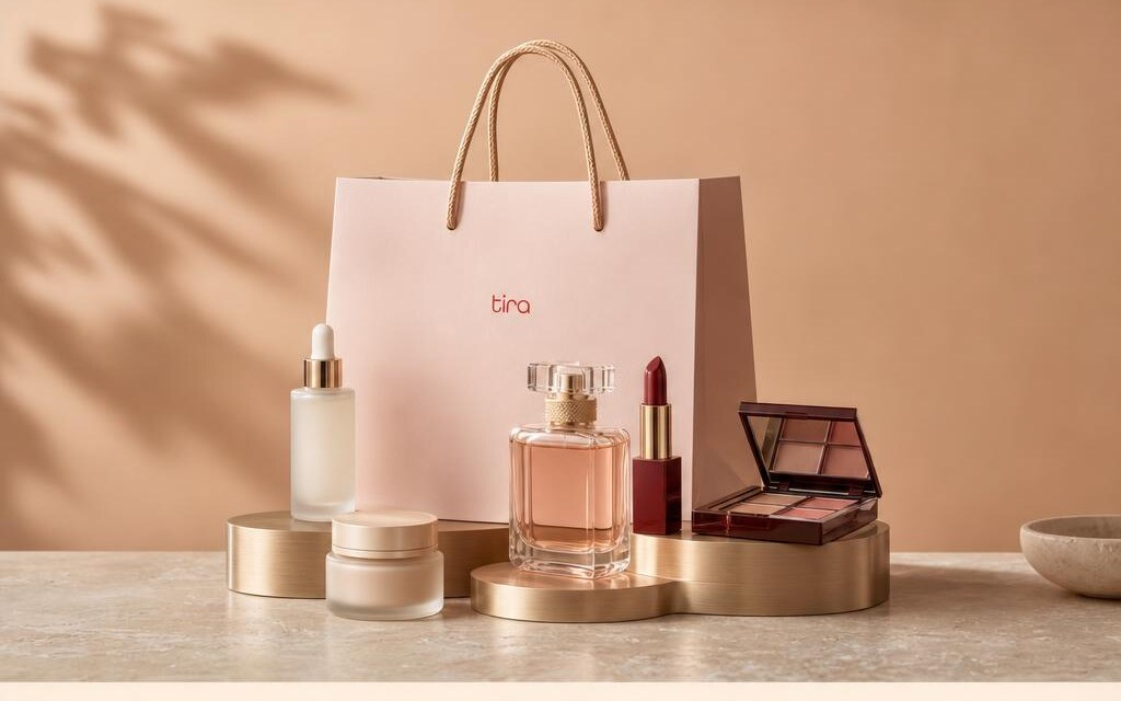 Illustrative luxury beauty still-life with a blush Tira shopping bag, cosmetics and perfume on champagne-gold display stands